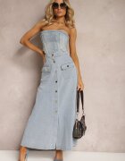 elsa.m by may Fustă cloș albastru deschis din denim maxi din bumbac cu nasturi Brissa