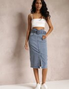 elsa.m by may Fustă creion denim albastră midi cu nasturi și șliț Jackiesa