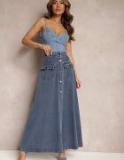 elsa.m by may Fustă Evazată Bleumarin Maxi Din Denim Din Bumbac Cu Nasturi Brissa
