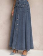 elsa.m by may Fustă Evazată Bleumarin Maxi Din Denim Din Bumbac Cu Nasturi Brissa