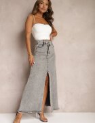 elsa.m by may Fustă Gri Franjurată Maxi din Denim cu Crăpătură Feedi