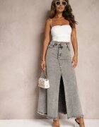 elsa.m by may Fustă Gri Franjurată Maxi din Denim cu Crăpătură Feedi