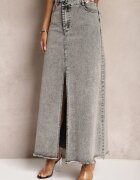 elsa.m by may Fustă Gri Franjurată Maxi din Denim cu Crăpătură Feedi