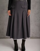 elsa.m by may Fustă Gri High Waist cu Pliuri Finisată cu Imitație Buzunare și Curea Evilenes
