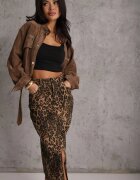 elsa.m by may Fustă maro din bumbac cu imprimeu leopard cu talie înaltă și șliț frontal Harilie