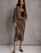 elsa.m by may Fustă maro din bumbac cu imprimeu leopard cu talie înaltă și șliț frontal Harilie
