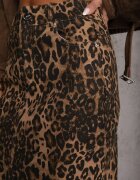elsa.m by may Fustă maro din bumbac cu imprimeu leopard cu talie înaltă și șliț frontal Harilie