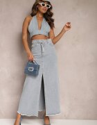 elsa.m by may Fustă maxi Albastru deschis Franjurată din denim cu despicătură Feedi