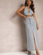 elsa.m by may Fustă maxi Albastru deschis Franjurată din denim cu despicătură Feedi