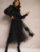 elsa.m by may Fustă Neagră cu Croială Cloș cu Tul Transparent și Volane Asmerra