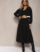 elsa.m by may Fustă Neagră cu croială evazată și talie înaltă cu curea și imitație de buzunare Rivivia