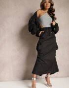 elsa.m by may Fustă Neagră Marszczona Midi Stil Cargo cu elastic în talie Gacieam