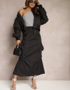 elsa.m by may Fustă Neagră Marszczona Midi Stil Cargo cu elastic în talie Gacieam