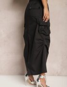 elsa.m by may Fustă Neagră Marszczona Midi Stil Cargo cu elastic în talie Gacieam