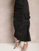 elsa.m by may Fustă Neagră Marszczona Midi Stil Cargo cu elastic în talie Gacieam