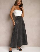 elsa.m by may Fustă Neagră Maxi Evazată din denim de bumbac cu Lanț Decorativ Viralle