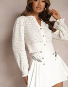 elsa.m by may Fustă-pantalon albă decorată cu nasturi perle și zirconii cu închidere cu fermoar ascuns Pelilla