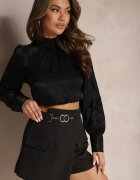 elsa.m by may Fustă-Pantaloni scurți Negre Talie Înaltă cu Decorațiune Metalică în Talie Derula