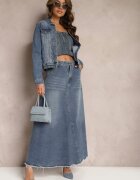elsa.m by may Fustă trapez albastră din denim decorată cu curea și franjuri la bază Meraleo