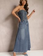 elsa.m by may Fustă trapez albastră din denim decorată cu curea și franjuri la bază Meraleo