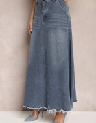 elsa.m by may Fustă trapez albastră din denim decorată cu curea și franjuri la bază Meraleo