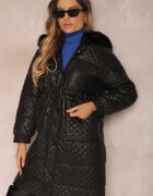 elsa.m by may Geacă Neagră Matlasată cu Glugă cu Blană Vilei