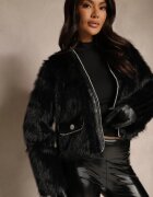 elsa.m by may Jachetă de blană neagră fără închidere decorată cu zirconii și imitație elegantă de buzunărașe Bonicea