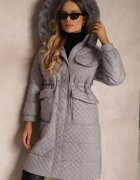 elsa.m by may Jachetă Gri Matlasată cu Glugă cu Blană Vilei