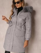 elsa.m by may Jachetă Gri Matlasată cu Glugă cu Blană Vilei