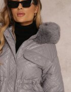 elsa.m by may Jachetă Gri Matlasată cu Glugă cu Blană Vilei