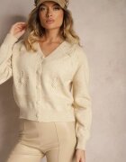 elsa.m by may Kardigan Bej din Vascoză Decorat cu Aplicații Florale cu Perle Gemirra