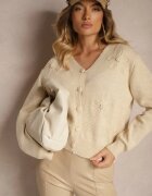 elsa.m by may Kardigan Bej din Vascoză Decorat cu Aplicații Florale cu Perle Gemirra