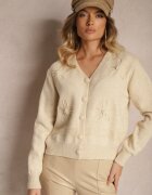 elsa.m by may Kardigan Bej din Vascoză Decorat cu Aplicații Florale cu Perle Gemirra