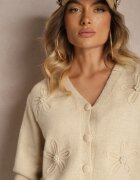 elsa.m by may Kardigan Bej din Vascoză Decorat cu Aplicații Florale cu Perle Gemirra