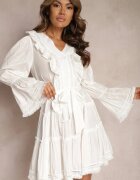elsa.m by may Mini Rochie Albă cu Croi Cloș cu Volane și Cordon din Material în Talie Fiorfa