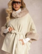 elsa.m by may Palton Poncho Bej din Viscoză cu Curea și Blană Roymessa