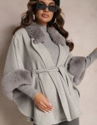 elsa.m by may Palton Poncho Gri din Viscoză cu Cordon și Blăniță Roymessa