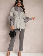 elsa.m by may Palton Poncho Gri din Viscoză cu Cordon și Blăniță Roymessa