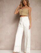 elsa.m by may Pantaloni Albi Largi din Bumbac High Waist cu Curea Decorativă Nerraza