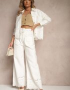 elsa.m by may Pantaloni Albi Largi din Bumbac High Waist cu Curea Decorativă Nerraza