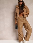elsa.m by may Pantaloni bej largi cu elastic în talie din imitație de piele Aeralin