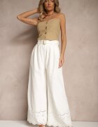 elsa.m by may Pantaloni Largi Albi din Bumbac cu Broderie Decorativă și curea Lavsemi