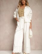 elsa.m by may Pantaloni Largi Albi din Bumbac cu Broderie Decorativă și curea Lavsemi