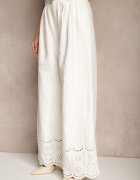 elsa.m by may Pantaloni Largi Albi din Bumbac cu Broderie Decorativă și curea Lavsemi
