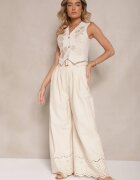 elsa.m by may Pantaloni Largi Bej din Bumbac cu Broderie Decorativă și Cordon Lavsemi