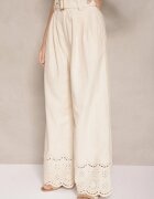 elsa.m by may Pantaloni Largi Bej din Bumbac cu Broderie Decorativă și Cordon Lavsemi