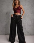 elsa.m by may Pantaloni Largi Negri cu adaos de bumbac cu talie înaltă cu cataramă metalică Azaerixis