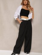 elsa.m by may Pantaloni Negri Palazzo cu talie înaltă și picioare largi cu închidere cu nasturi și fermoar Lomedia
