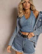 elsa.m by may Pantaloni scurți Albaștri cu Curea din Imitație de Piele Decorați cu Margini Franjurate Lienara