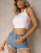 elsa.m by may Pantaloni scurți albaștri din denim din bumbac cu talie înaltă finisați cu zirconii și rupturi Tiamelba